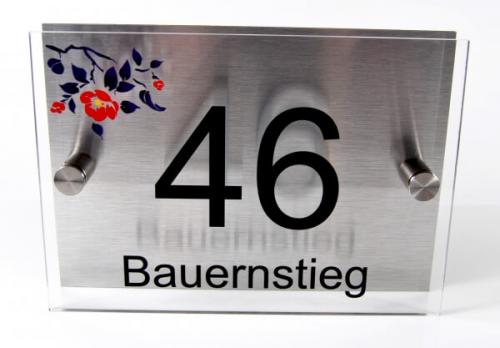 Acryl Hausnummer mit Hintergrund in Edelstahl Optik